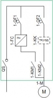 Схема силовая однолинейная - 1 электродвигатель, схема пуска FE (от ПЧ или СЕТИ), схема питания 1N (1 ввод, без АВР, с выключателем-разъединителем)