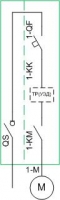 Схема силовая однолинейная - 1 электродвигатель, схема пуска SA (каждый от СЕТИ), схема питания 1N (1 ввод, без АВР, с выключателем-разъединителем)