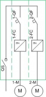 Схема силовая однолинейная - 2 электродвигателя, схема пуска FA (каждый от ПЧ), схема питания 1N (1 ввод, без АВР, с выключателем-разъединителем)